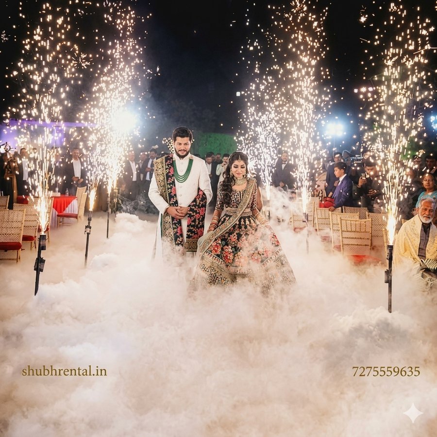 Cold pyro spark fountains at a wedding entry